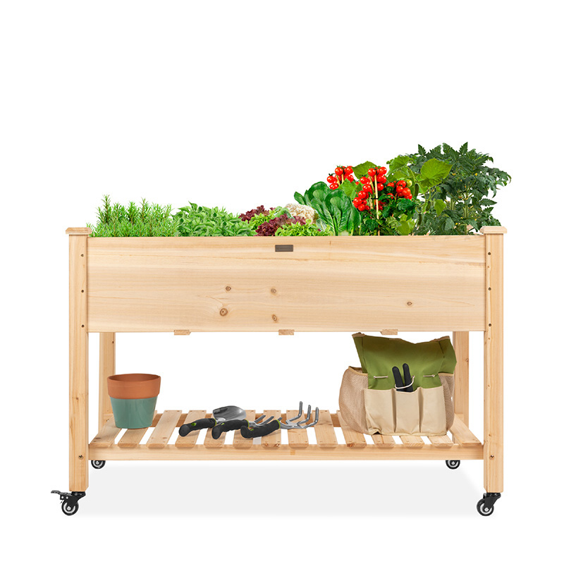 Verhoogd tuinbed 48x24x32in mobiele verhoogde houten plantenbak met vergrendelbare wielen, opbergplank, voering Verhoogd tuinbed 48x24x32in mobiele verhoogde houten plantenbak met vergrendelbare wielen, opbergplank, voering