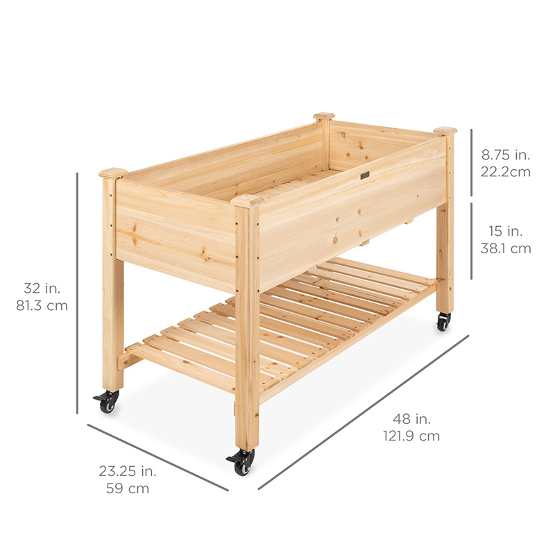 Verhoogd tuinbed 48x24x32in mobiele verhoogde houten plantenbak met vergrendelbare wielen, opbergplank, voering