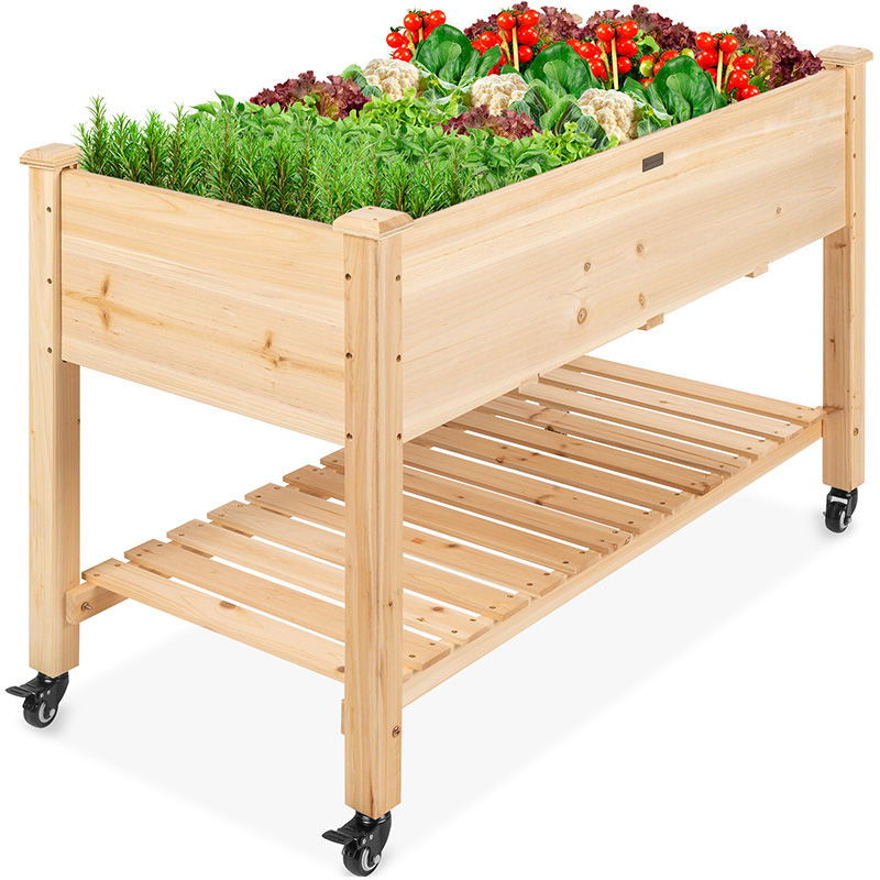 Verhoogd tuinbed 48x24x32in mobiele verhoogde houten plantenbak met vergrendelbare wielen, opbergplank, voering
