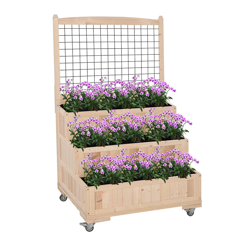 3-laags houten verhoogd tuinbed met wielen, latwerk, opbergruimte achter, gemakkelijk verplaatsbaar voor bloemen, kruiden, natuurlijk 3-laags houten verhoogd tuinbed met wielen, latwerk, opbergruimte achter, gemakkelijk verplaatsbaar voor bloemen, kruiden, natuurlijk