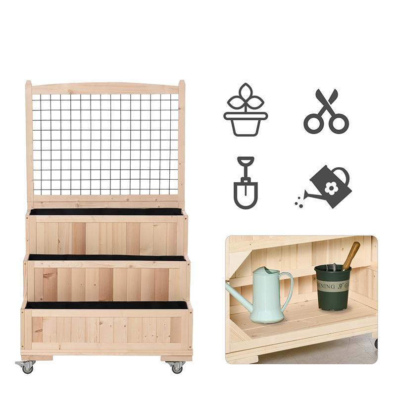 3-laags houten verhoogd tuinbed met wielen, latwerk, opbergruimte achter, gemakkelijk verplaatsbaar voor bloemen, kruiden, natuurlijk
