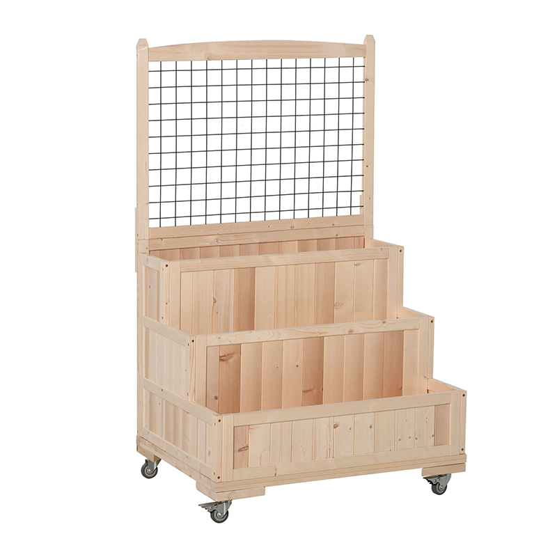 3-laags houten verhoogd tuinbed met wielen, latwerk, opbergruimte achter, gemakkelijk verplaatsbaar voor bloemen, kruiden, natuurlijk
