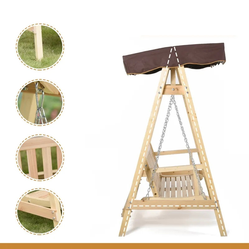 2-persoons buitenschommel Verandaschommel met houten standaard, sterk A-frame ontwerp en verstelbare waterafstotende luifel