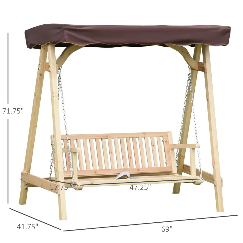 2-persoons buitenschommel Verandaschommel met houten standaard, sterk A-frame ontwerp en verstelbare waterafstotende luifel