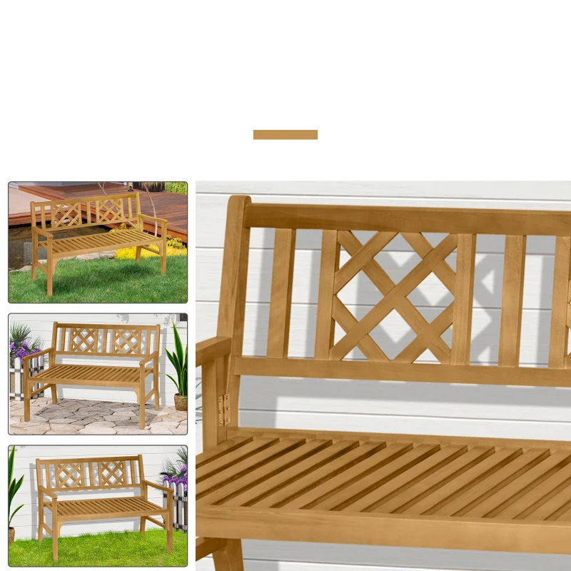 Buiten opvouwbare tuinbank, 2-zits patio houten bank, Loveseat stoel met rugleuning en armleuning voor terras, veranda of balkon, geel