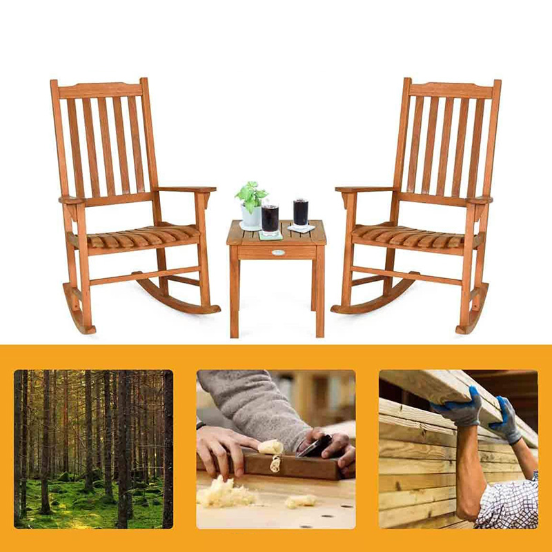 3-delige populierenhouten schommelstoelset met salontafel 2 houten gespreksstoelen