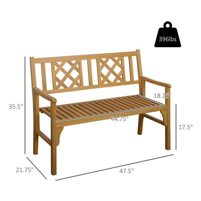 Buiten opvouwbare tuinbank, 2-zits patio houten bank, Loveseat stoel met rugleuning en armleuning voor terras, veranda of balkon, geel