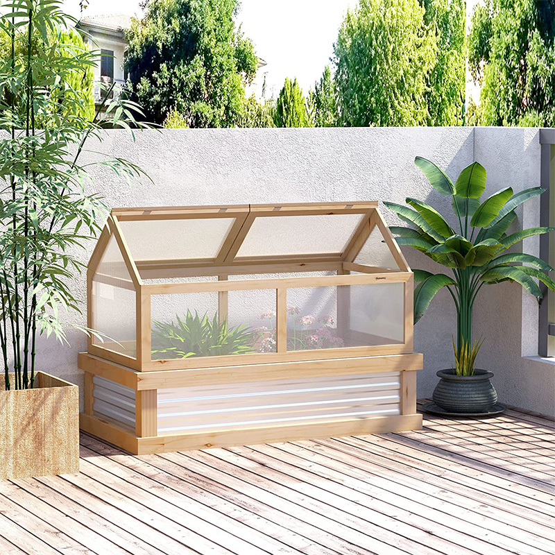 Verhoogde tuinset met bloembed met kas, houten koude frame plantenbak, naturel