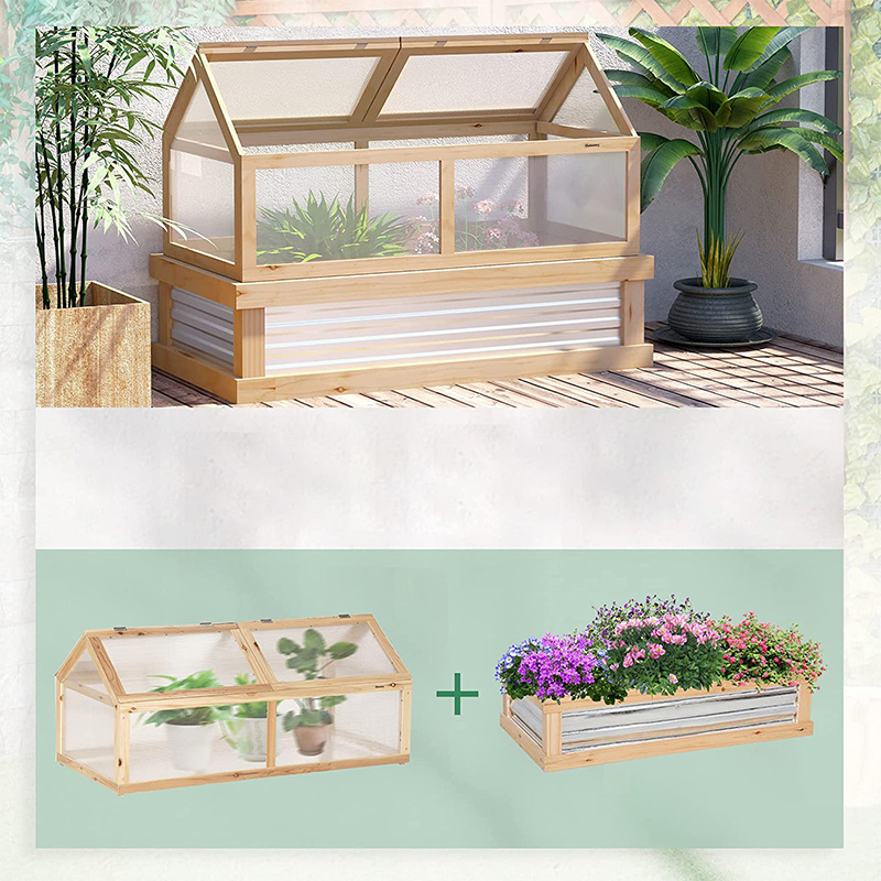 Verhoogde tuinset met bloembed met kas, houten koude frame plantenbak, naturel