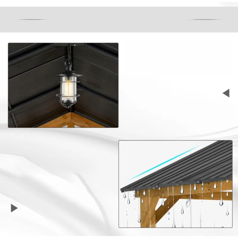 11x13 hardtop tuinhuisje met houten frame, permanente metalen dak tuinhuisje luifel met plafondhaak voor tuin, terras, achtertuin