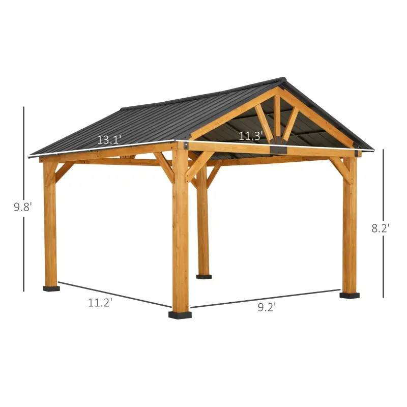 11x13 hardtop tuinhuisje met houten frame, permanente metalen dak tuinhuisje luifel met plafondhaak voor tuin, terras, achtertuin
