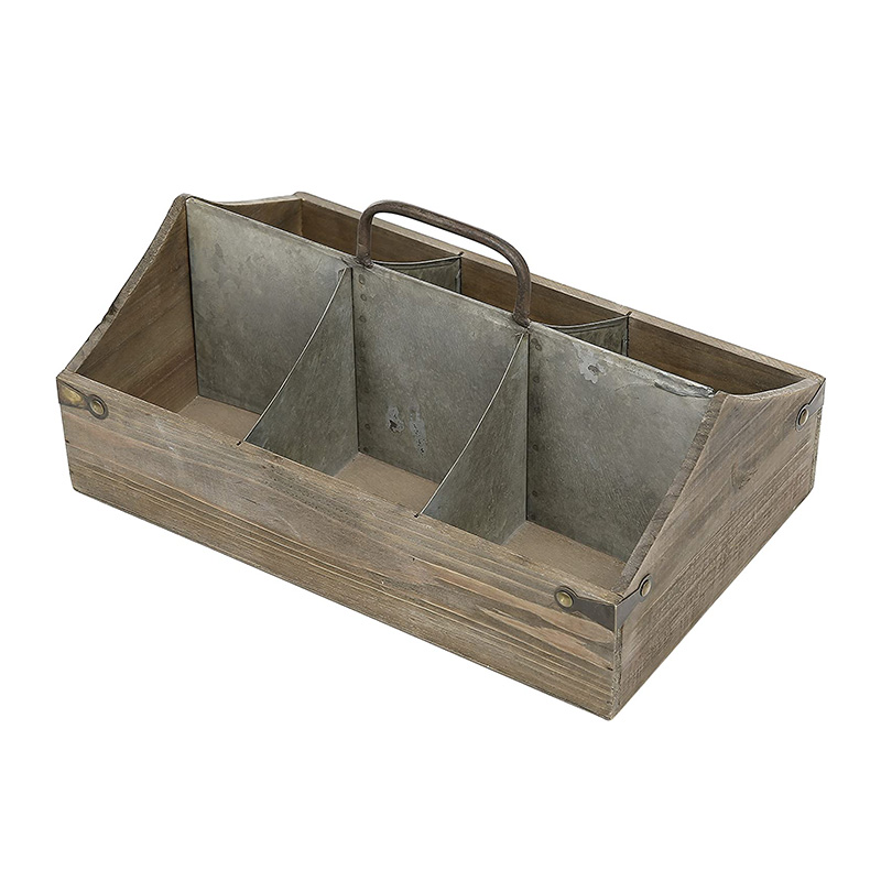 Vintage houten opberger Caddy met 6 compartimenten, decoratieve kist met gegalvaniseerde zink metalen verdelers en handvat Vintage houten opberger Caddy met 6 compartimenten, decoratieve kist met gegalvaniseerde zink metalen verdelers en handvat