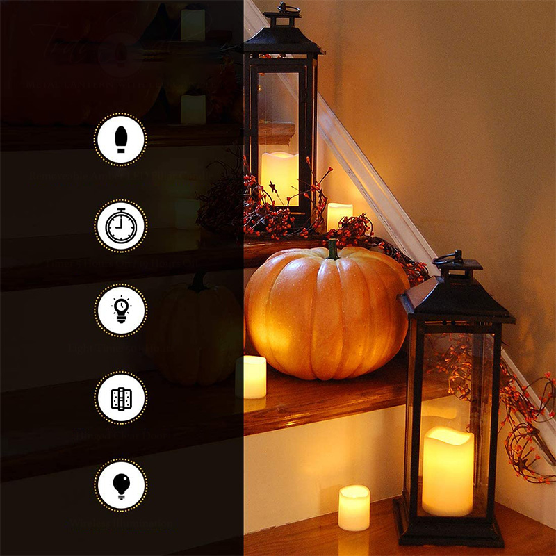 Metalen lantaarn met kaars op batterijen - traditioneel zwart, 17' lantaarn