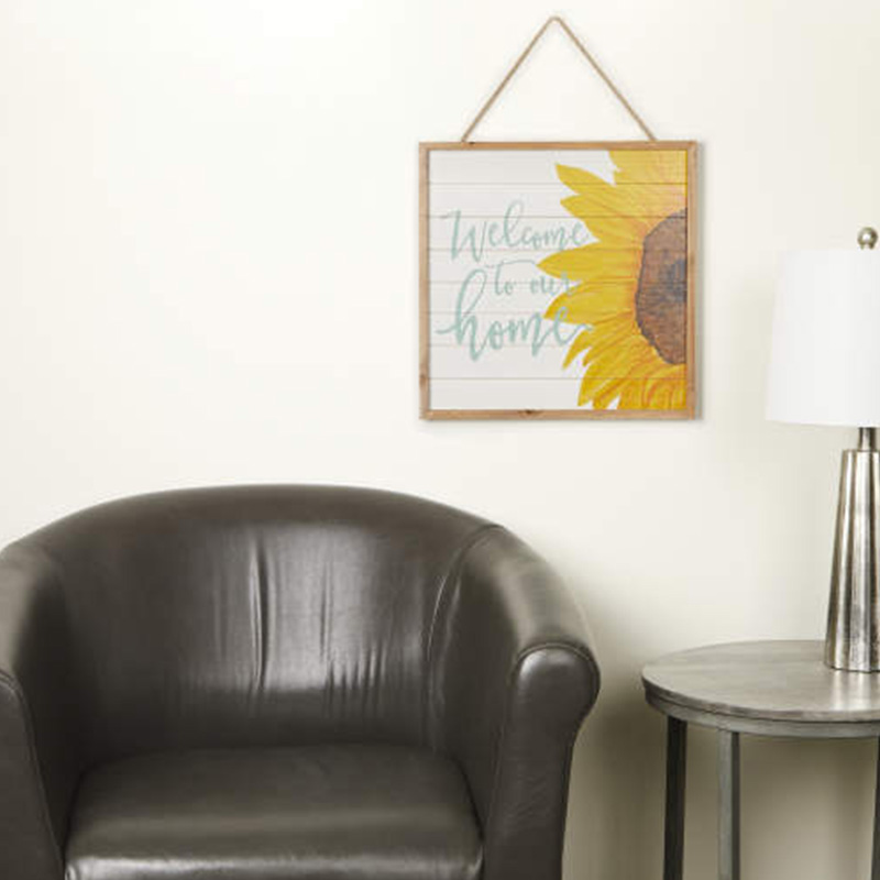 'Welcome To Our Home' Hangende Zonnebloem Houten Muurplaque