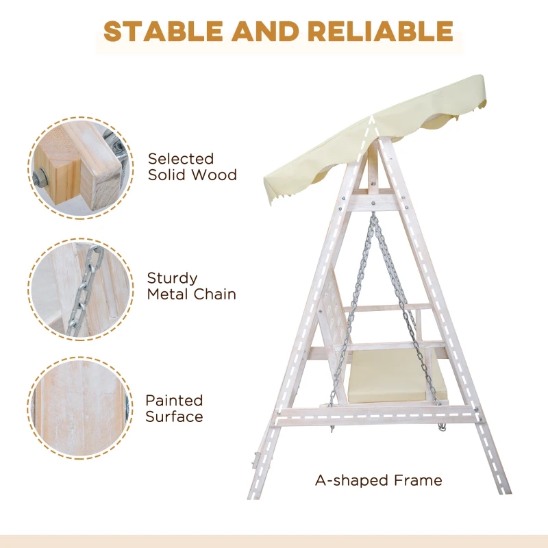 2-persoons buitenschommel Verandaschommel met houten standaard, sterk A-frame ontwerp en verstelbare waterafstotende luifel